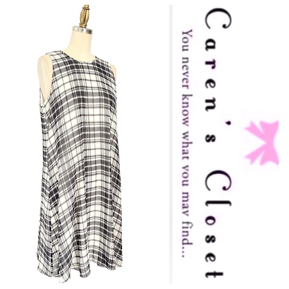 Calvin Klein Black & White Plaid Chiffon Trapeze Sleeveless Dress - Picture 2 of 11
